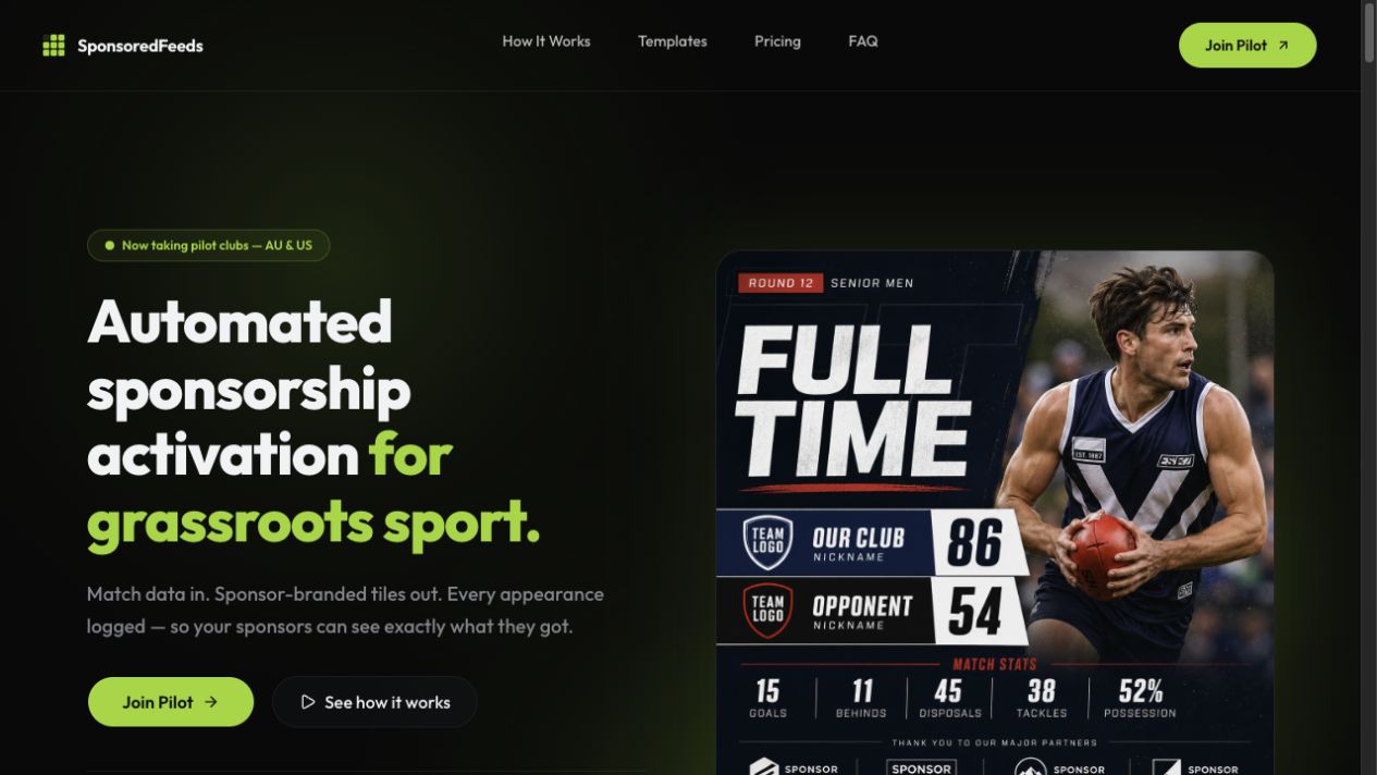 SponsoredFeeds product page showing a generated match-result content tile.